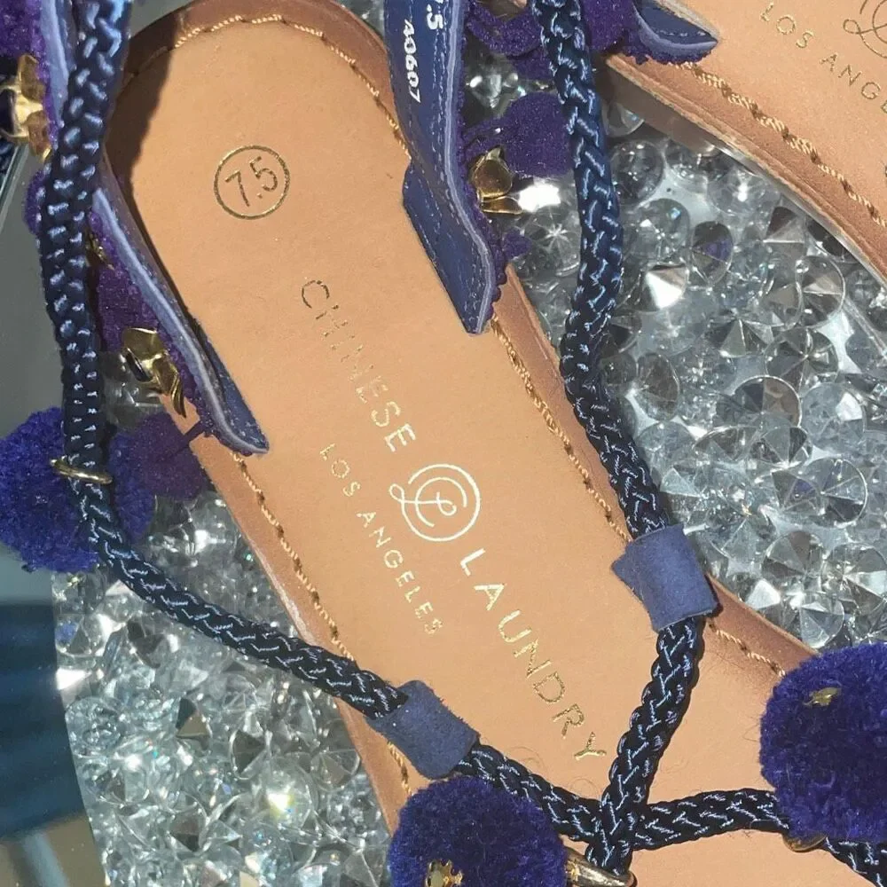New Chinese laundry blue indigo suede pom Pom Portia gladiator sandals size 7.5